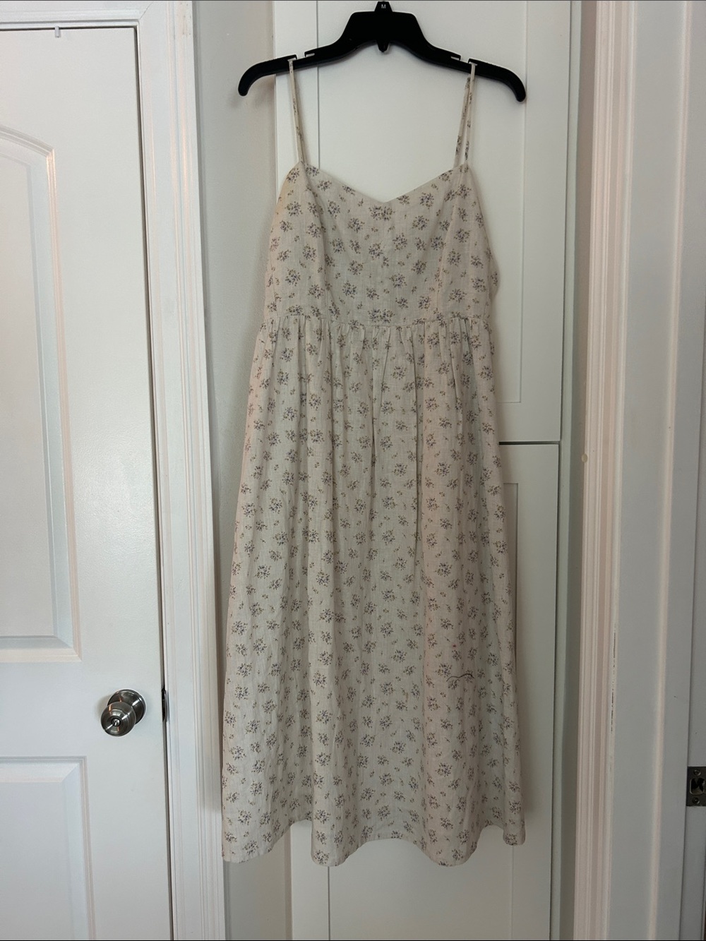 H&M Cream linen cotton blend Floral Spaghetti-Strap Midi Dress